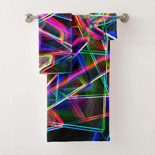 Square corners and neon colourful spots bath towel set (Insitu)