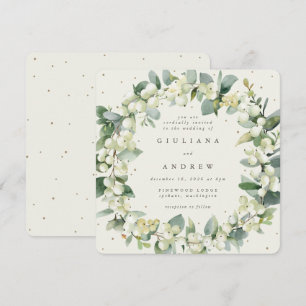 Square Cream Snowberry+Eucalyptus Wreath Wedding Invitation