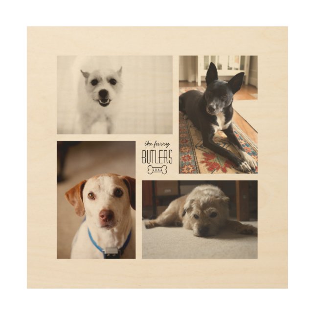 Square Custom Family Pet 4-Photo Collage Wood Wall Art (Front)