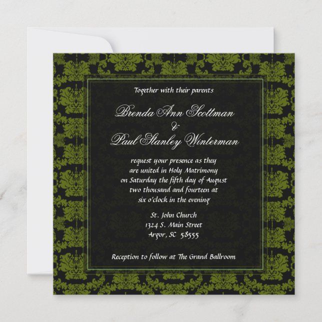 Square Damask Green Wedding Invitation (Front)