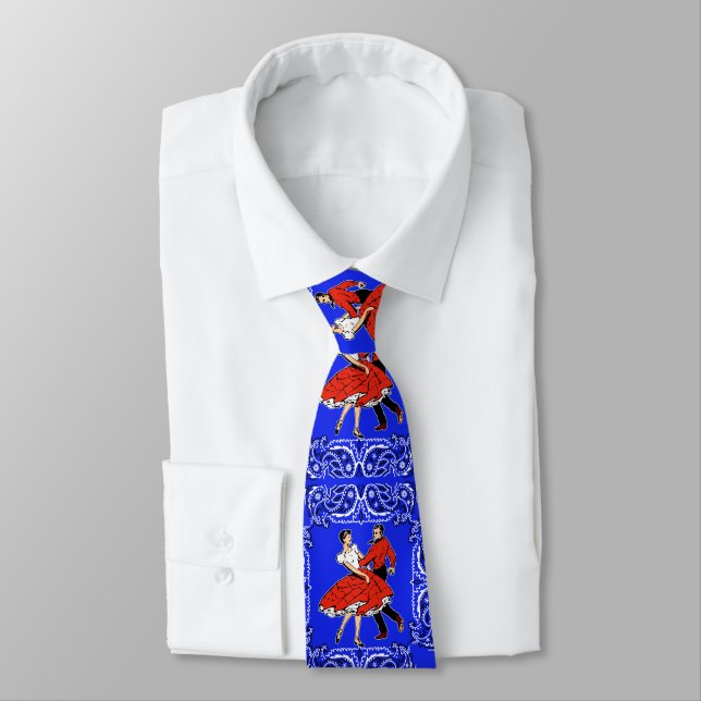 Square Dance Couple On Blue Bandana Print Tie (Tied)