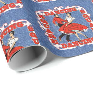 Square Dancing Couple on Faux Denim Background Wrapping Paper