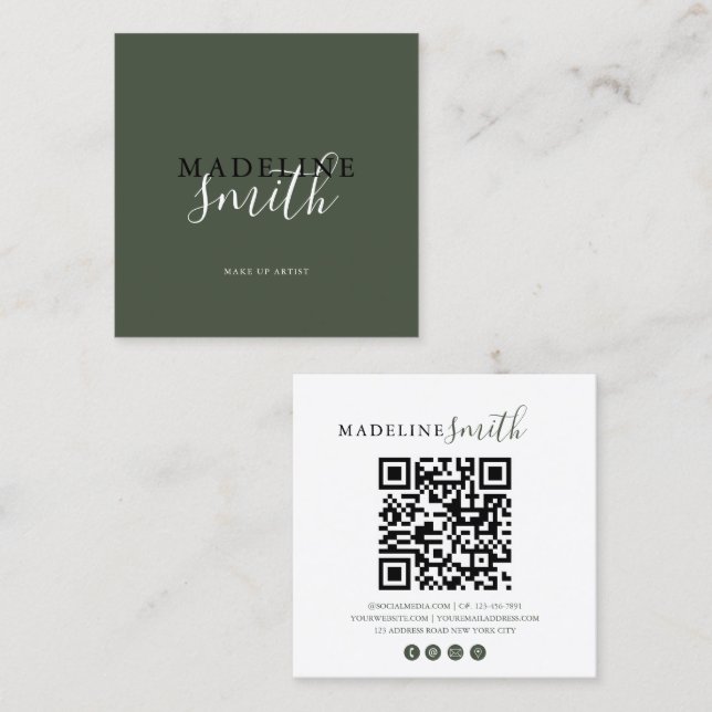 Square Dark Green Script QR code Square Business Card (Front/Back)