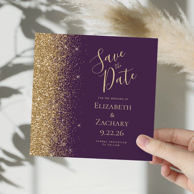 Square Dark Purple Gold Glitter Save the Date Announcement (Creator Uploaded)