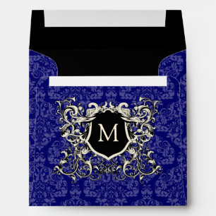 Square Dark Royal Blue Damask Monogram Envelopes