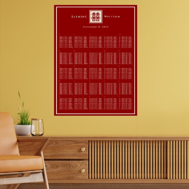 Square Double Happiness Chinese Wedding Seat Chart (Living Room 2)