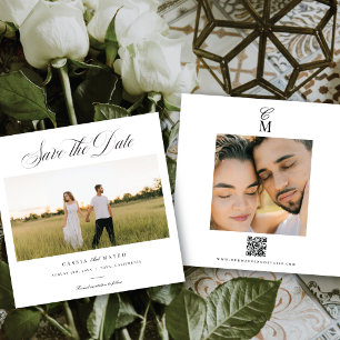 Square Elegant Script Monogram Save the Date Photo Announcement