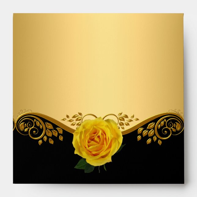 Square Envelope Pretty Gold Yellow Rose Black (Front)