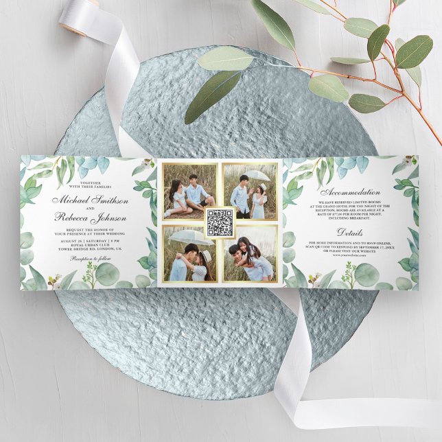 Square Eucalyptus Frame QR Code Wedding Tri-Fold Invitation (Creator Uploaded)