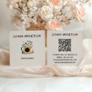 Square Floral Camera Photographer with QR Code  Business Card