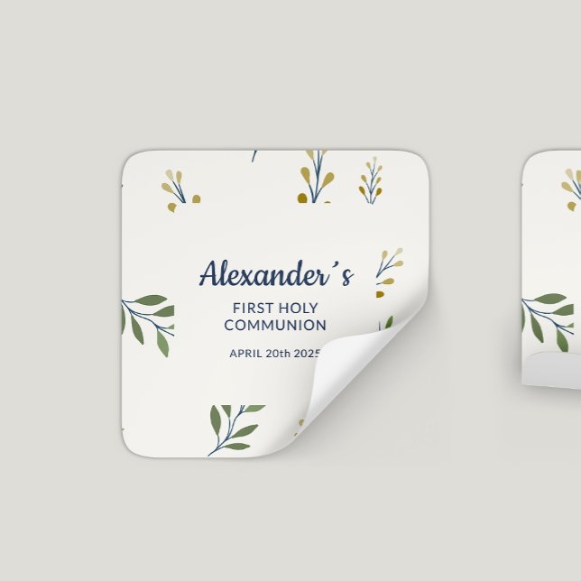 Square Floral Personalized First Communion Sticker (Creator Uploaded)