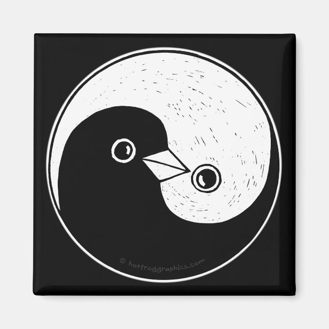 Square Fridge Magnet with b/w YinYang peace doves. (Front)