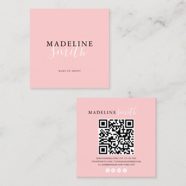Square Girly Pink Script QR code Square Business Card (Front/Back)