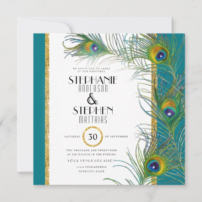 Square Gold Peacock Feather Modern Typography Invitation (Front)