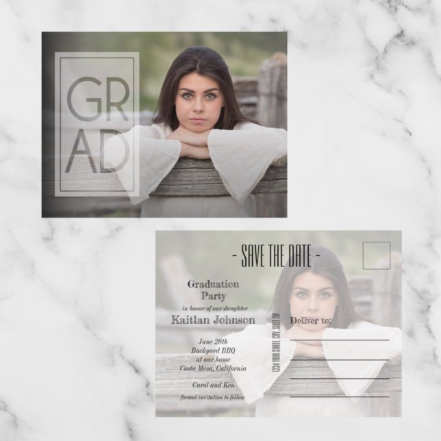 Square GRAD Overlay Photo Graduation Save the Date Postcard (Creator Uploaded)