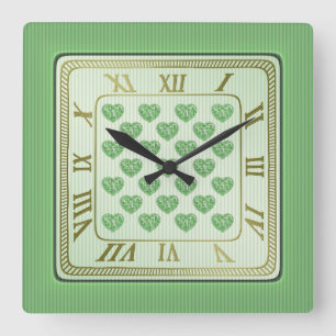 Square Green and White Tile Hearts Pattern Square Wall Clock