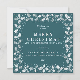 Square Green Hand Printed Holly Merry Christmas Holiday Card