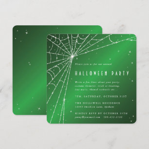 Square Green Sparkling Spider Web Halloween Party Invitation