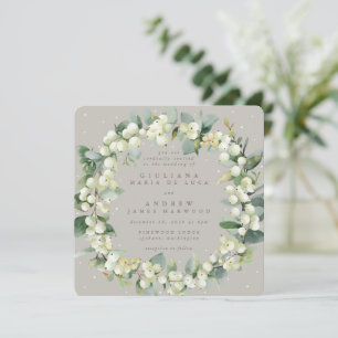 Square Greige Snowberry+Eucalyptus Wreath Wedding Invitation