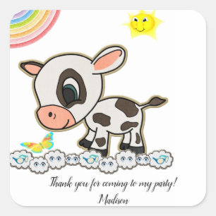 Square Happy Birthday Stickers Cow