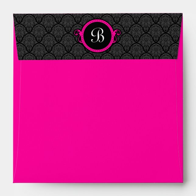 Square Hot Pink Damask Flap Monogram Envelopes (Back (Top Flap))