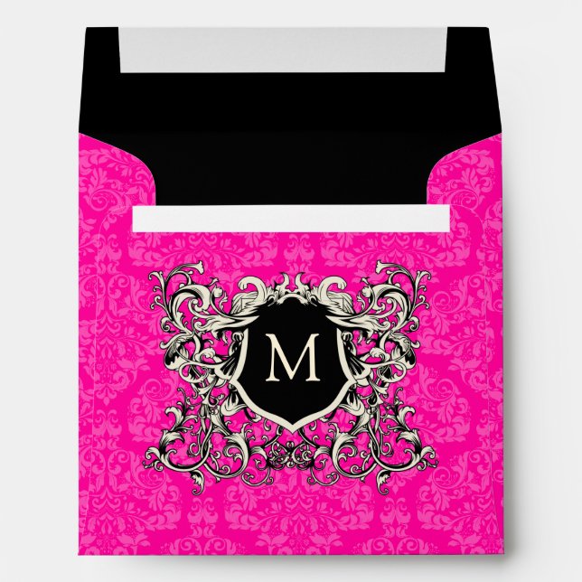 Square Hot Pink Damask Monogram Crest Envelopes (Back (Bottom))