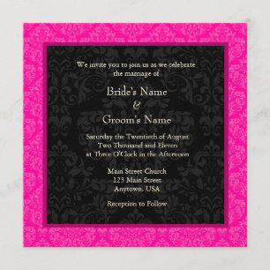Square Hot Pink Damask Monogram Wedding Invitation
