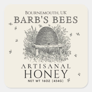 Square Ivory Honey Label Vintage Skep with Bees