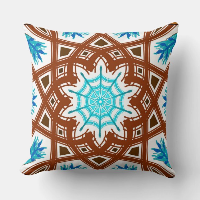 Square Jimette Design turquoise brown white cushio Throw Pillow (Front)