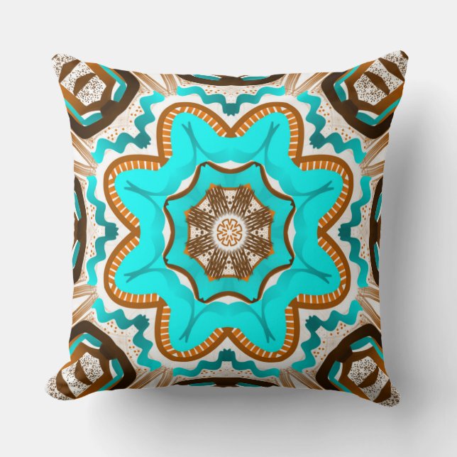 Square Jimette Design turquoise brown white cushio Throw Pillow (Front)