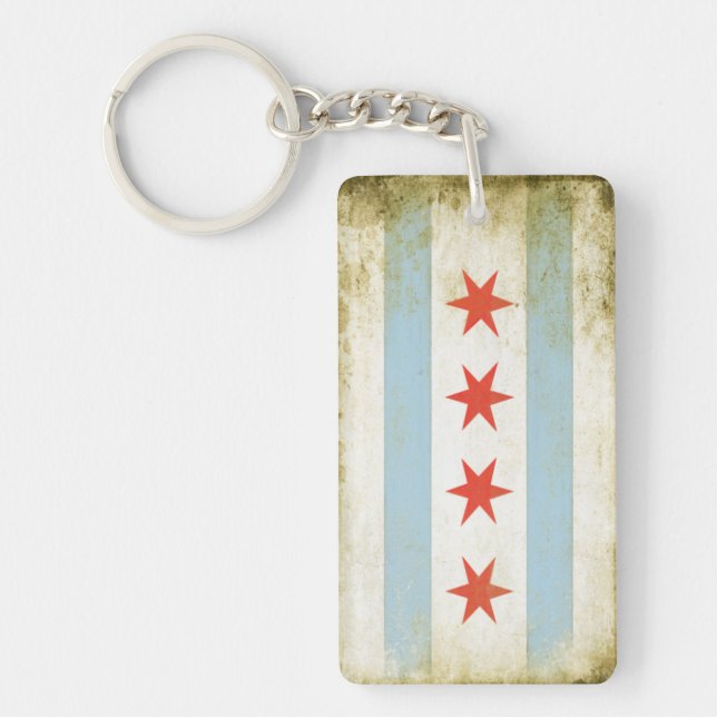 Square Keychain with Distressed Chicago Flag Print (Front)