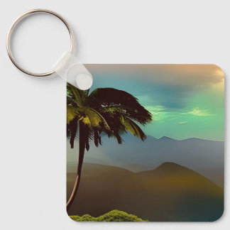  Square Keychain with tropical tree and landscape