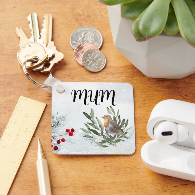 Square keyring with christmas robin (Desk)