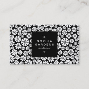 Square Label 01a - 8 Petals - White on Black Business Card