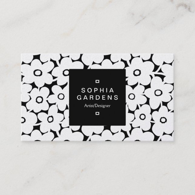 Square Label 01a - Bold Flowers White on Black Business Card (Front)