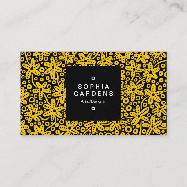 Square Label 01a - Flower Patt - Amber on Blk Business Card (Front)
