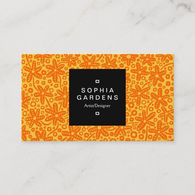 Square Label 01a - Flower Patt - Orange on Amber Business Card (Front)