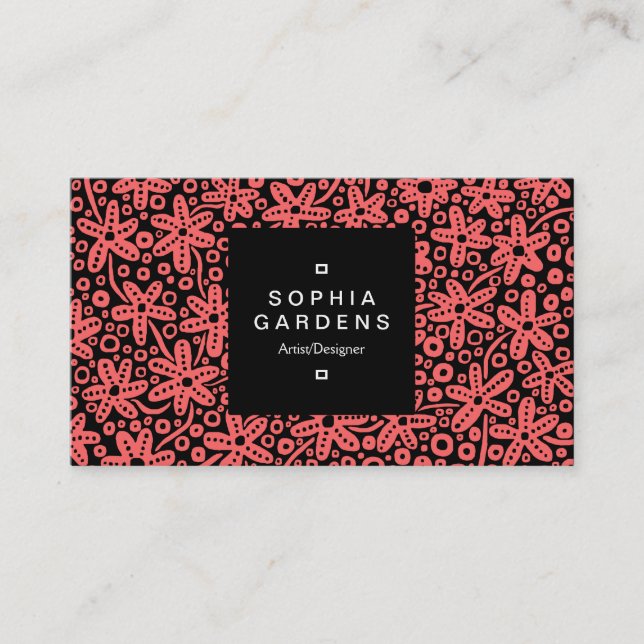 Square Label 01a - Flower Patt - Tropical Pink Business Card (Front)