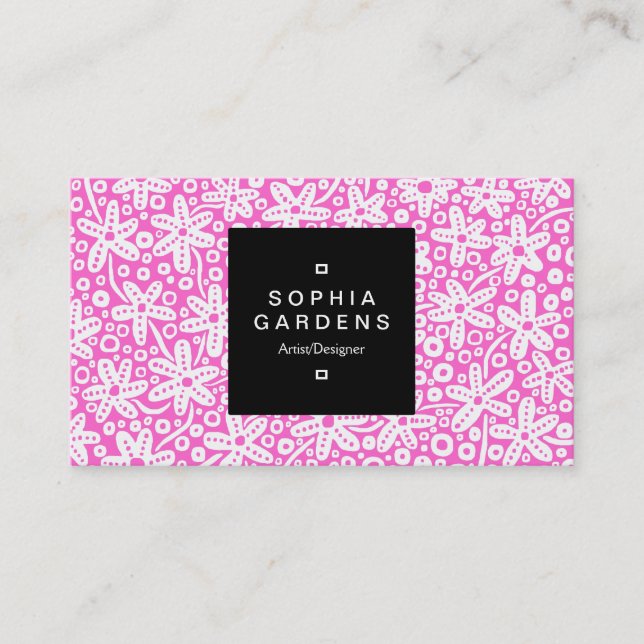 Square Label 01a - Flower Pattern - White on Pink Business Card (Front)