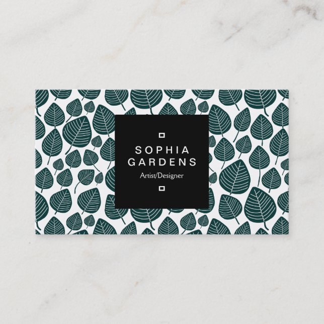 Square Label 01a - Leaf pattern 02 - Dark Green Business Card (Front)