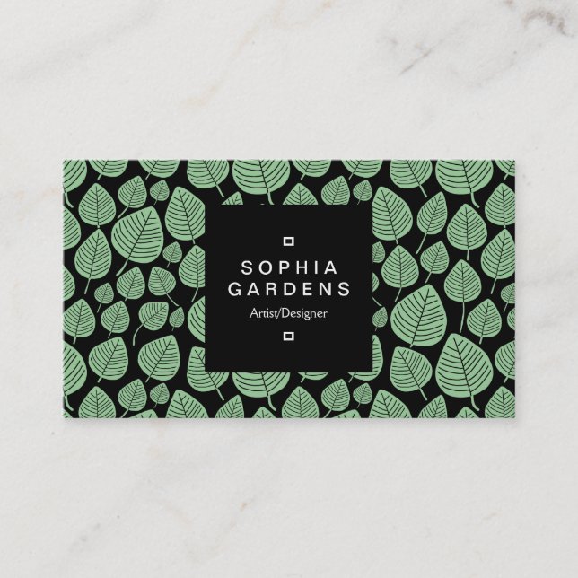 Square Label 01a - Leaf pattern 02 - Faded Green Business Card (Front)