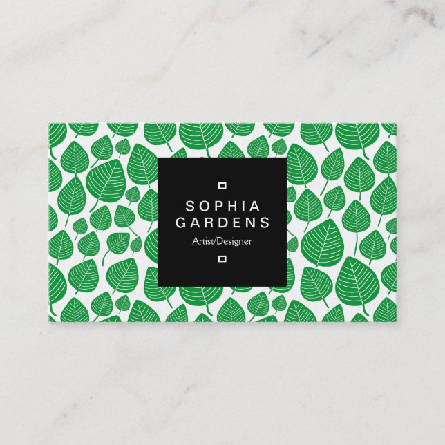 Square Label 01a - Leaf pattern 02 - Grass Green Business Card (Front)