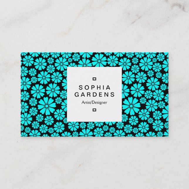Square Label 03a - 8 Petals - Cyan on Black Business Card (Front)