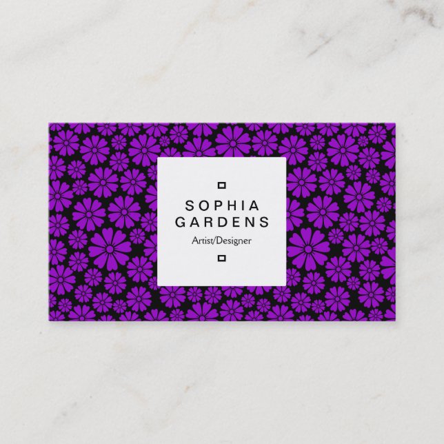 Square Label 03a - 8 Petals - Purple on Black Business Card (Front)