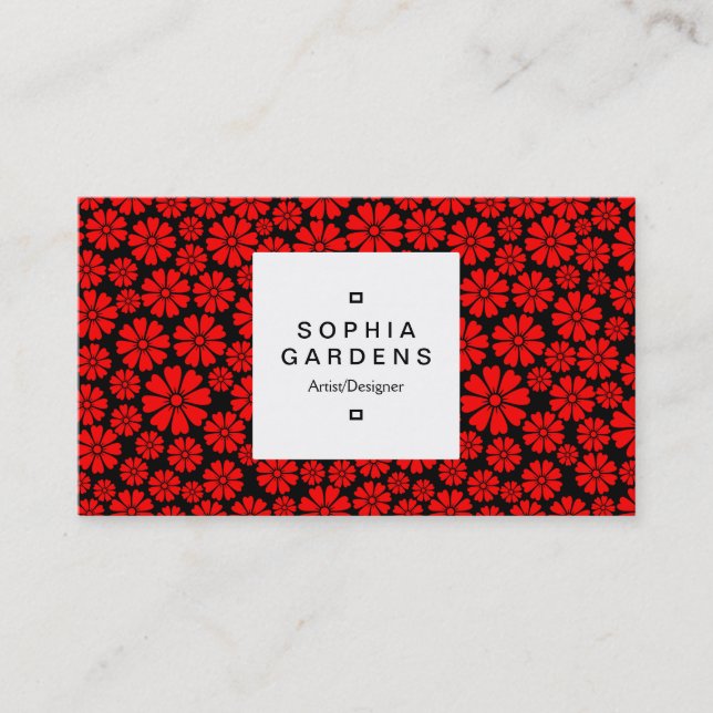 Square Label 03a - 8 Petals - Red on Black Business Card (Front)