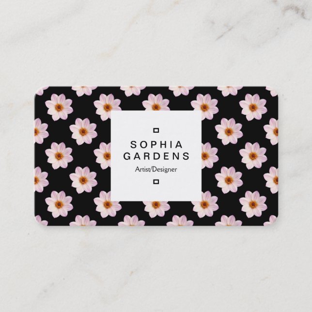 Square Label 03a -  Dahlia Pattern on Black Business Card (Front)