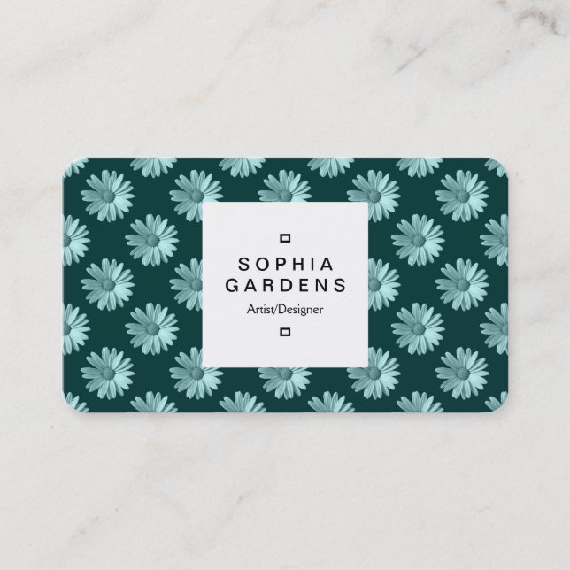 Square Label 03a - Daisy Pattern - Dark Green Business Card (Front)
