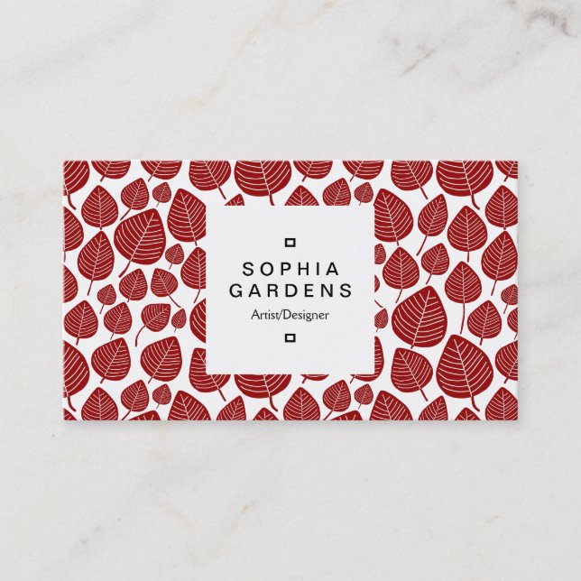 Square Label 03a - Leaf pattern 02 - Ruby Red Business Card (Front)