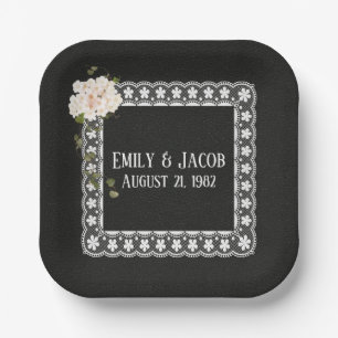 Square Lace On Black Leather Paper Plate