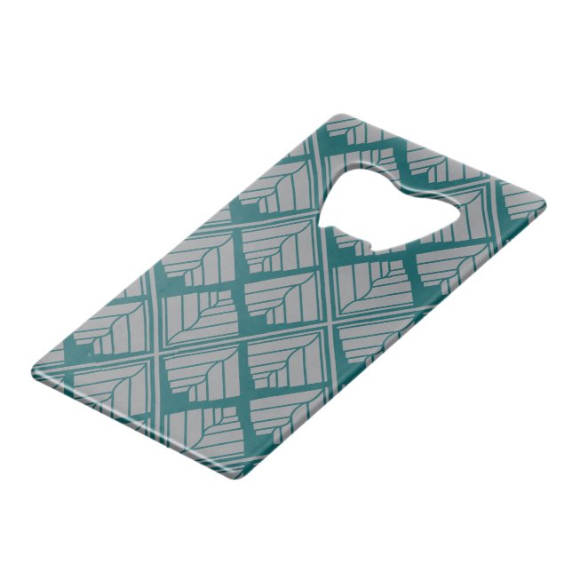 Square Leaf Pattern Teal Neutral Credit Card Bottle Opener (Back Angled)